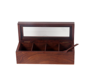 Boîte à épices en bois avec 4 grands compartiments et cuillère, boîte à masala de cuisine, boîte à épices en bois Namak Dani, récipient de rangement pour épices multifonctionnel - Product Image 2