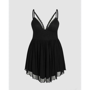 Womens Black Lace Trim V Neck <b>Spaghetti</b> <b>Strap</b> Babydoll Dress - Product Image 4
