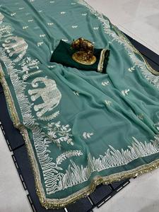 Sari Moderno de Chinon Suave con Hermoso Trabajo de Cintas para Fiesta de Diwali o Baile de Graduación - Product Image 3