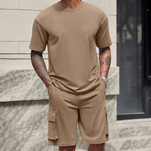 OEM Men's Terry Fabric Geometric Pattern Short Sleeve T-shirt & Shorts 2-Piece Custom Casual Summer Tracksuit Set Wholesale - Product Image 3