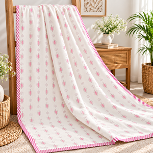 Acogedora Manta de Algodón Ligero Dohar con Ribete Rosa, Tejido Suave y Transpirable para un Dormitorio y Hogar Confortables - Product Image 4