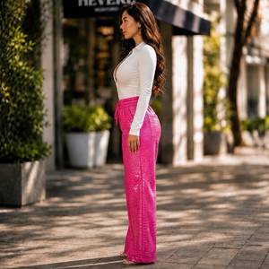 Pantalon large en cuir gaufré crocodile rose, pantalon taille haute tendance - Product Image 3
