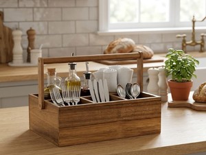 Acacia Wood Cutlery Organizer <b>Caddy</b> with Handle Rustic Flatware Storage Box for <b>Kitchen</b> Counter Dining Table Picnic and Buffet - Product Image 6