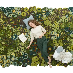 Tapis rectangulaire en laine et acrylique tufté à la main, motif floral, style bohème, à poils longs et épais, avec envers antidérapant en caoutchouc, pour salon - Product Image 1