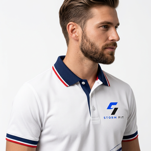 Chemise pour homme à séchage rapide 100% polyester, manches courtes, design sportif, coupe classique, blanc, marine, rouge, bleu, logo imprimé sur le devant - Product Image 3
