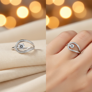 Anillo de compromiso único de moissanita con corte brillante redondo estilo pavé de lazo abierto, diseño hueco de capas en plata de ley 925, banda de boda - Product Image 4