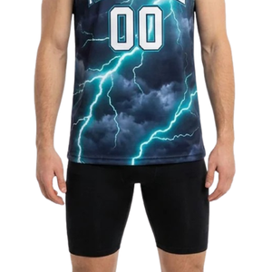 Uniformes de basket-ball Thunderbolt pour hommes, maillot sans manches à col en V sublimé et short uni, noms d'équipe et numéros de joueur personnalisés - Product Image 5
