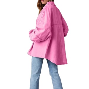 Pink Washed Distressed Frayed-Collar Loose Denim Jacket Streetwear Women's Long Sleeve Denim Jeans Jacket Men/Women Vintage - Product Image 1