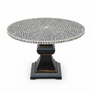 Table basse artisanale en os incrusté, design rayé noir et blanc, table centrale ronde en bois avec base sur piédestal, luxe pour salon - Product Image 3