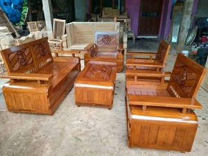 Traditional Teak Sofa Set with Carved Backrest and Matching <b>Coffee</b> <b>Table</b> for Living Room Apartment Villa Home Furniture - Product Image 3