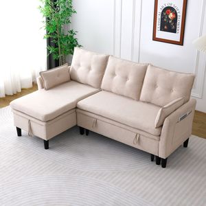 Canapé d'angle réversible en forme de L avec rangement, en coton et lin beige, pour bureaux et chambres d'appartement - Product Image 1