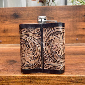 New OEM 8oz Stainless Steel Hand Tooled Leather Hip Flasks Wholesale Whiskey Pocket Flask for Alcohol Packed in Box Outdoor Use - Product Image 5