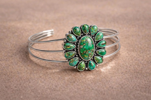 Green Mohave Turquoise Cuff, Flower <b>Bracelet</b>, Boho Jewelry - Product Image 2