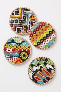 Round Beaded <b>Coaster</b> With Green Plant Design Handmade Fabric Mat Modern Style <b>Pink</b> Border - Product Image 3
