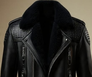 Blouson en cuir pour homme avec col en fausse fourrure et fermeture éclair - Product Image 1