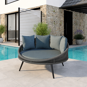 Modern Wicker Outdoor Daybed with Soft Cushions, Premium Aluminum Frame Round <b>Sunbed</b> for Swimming Pool Garden Villa Hotel - Product Image 1