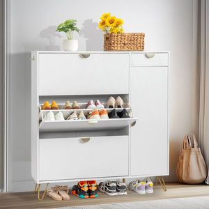 Mueble Zapatero FCH con Panel de Puerta Tallado con Diseño en V, 3 Cajones Izquierdos, 1 Cajón Derecho, 1 Puerta, Tablero de Partículas, 120*24*125cm, Blanco - Product Image 1