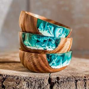 Bol de service en bois et résine époxy poli, moderne, avec incrustation de résine, écologique, style Wabi Sabi, pour mariage, salade, service alimentaire et décoration - Product Image 4
