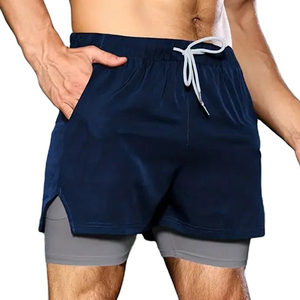 Shorts de sport pour homme à double couche avec poches, séchage rapide, taille à cordon de serrage, bleu marine uni, doublure de compression, longueur courte - Product Image 5