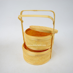 Eco-Friendly Round Woven Bamboo Double Tier <b>Storage</b> <b>Basket</b> with Handle Handmade Natural Home Decoration Food <b>Storage</b> Container - Product Image 2