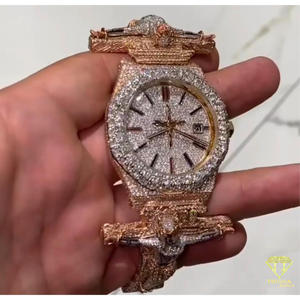 Montre Hip Hop haut de gamme entièrement sertie de diamants Moissanite VVS, plaquée or rose, bicolore, pour homme - Product Image 5