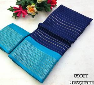 Sari en soie Mysore pour femme, bleu rayé, traditionnel indien, pour occasions festives, longueur au sol, coupe classique, toutes saisons - Product Image 5