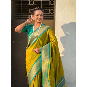 Mehendi Green Soft Silk Paithani Zari Woven Ethnic Saree <b>Shawl</b> with Intricate <b>Indian</b> Design - Product Image 5