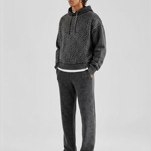 Ensemble de survêtement à capuche pour homme, gris foncé, imprimé à pois, manches longues, décontracté, 100% coton, vêtements d'automne avec poches latérales, taille élastique - Product Image 3