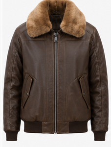 Veste en cuir marron de haute qualité pour homme, style automne, fausse fourrure - Product Image 1