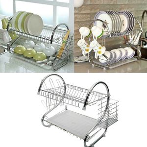 Scolapiatti a 2 livelli in acciaio inossidabile con porta posate e ripiano per cucina - Product Image 1