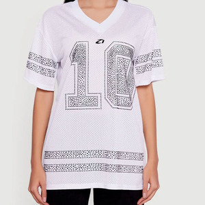 Women’s Luxury Black Rhinestone Mesh Football Jersey Custom Oversized V Neck Sports Top Private Label Apparel Manufacturer USA - Product Image 3