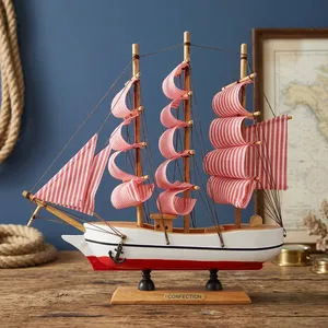 Modèle de bateau à voile en bois décoratif avec voiles roses, décoration nautique pour table, maison, bureau, cadeau de collection - Product Image 5