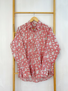 Luxury Soft Cotton Collared Shirt Indian Hand Block Rosy <b>Pink</b> White Botanical Floral Print Turn Down Collar Casual Shirt - Product Image 5