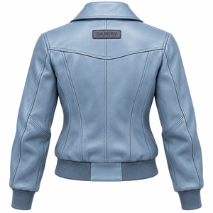 Blouson Bomber en Cuir Véritable Bleu Ardoise pour Femme, Col Étendu, Bordure Côtelée, Fermeture Éclair, Vêtement d'Extérieur Décontracté pour Femme, Fabricant - Product Image 2