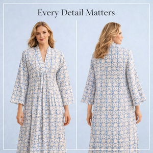 ชุดเดรสผ้าฝ้ายพิมพ์ลายบล็อกทำมือ คอวี แขนยาว ทรงเข้ารูป มีกระเป๋าข้าง สำหรับผู้หญิง ชุดเดรสยาวหรูหรา - Product Image 6