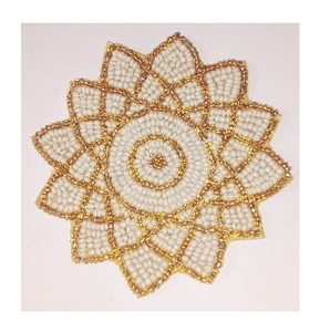 <b>Beaded</b> <b>Coaster</b> Set of 4 <b>Coaster</b> Oriental Design Fabric Mats With Gold And White Pearl Embroidery <b>Coaster</b> - Product Image 1