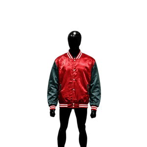 Chaqueta Varsity Personalizada en Satén Rojo Brillante y Verde Azulado Oscuro, Chaqueta Bomber Premium de Béisbol con Mangas en Contraste y Ribete a Rayas Rojo y Blanco - Product Image 1
