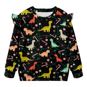 Sweat-shirts à manches longues à col rond et à épaules à volants avec motif cheval et fleurs pour enfants, avec manches évasées pour l'automne et l'hiver - Product Image 5