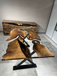 Modern Live Edge Solid Wood Epoxy Dining Table <b>Blue</b> Resin <b>Top</b> Durable Handmade Construction Premium Dining Room Furniture Entry - Product Image 2