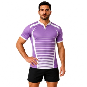 Maillot de rugby à manches courtes rayé violet pour homme, col en V, respirant, ajusté, pour les sports d'équipe et l'entraînement - Product Image 1