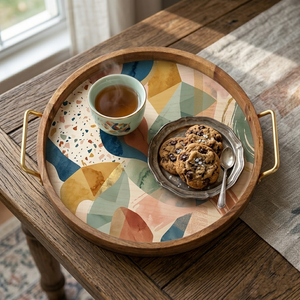 Eco-Friendly Round Mango Wood <b>Serving</b> <b>Tray</b> <b>Gold</b> Metal Handles Olive Leaf Print Decorative Platter Premium Wedding Gift Wood <b>Tray</b> - Product Image 6