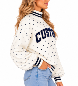 Sweat-shirt pour femme bleu marine à manches bouffantes, avec appliqué lettre, col montant, en polyester/coton, infroissable et respirant - Product Image 3