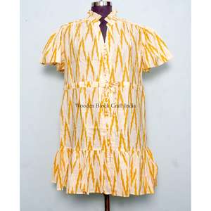 Indian Cotton V-neck <b>Mini</b> A-Line Dress Eco-Friendly Floral Pattern Button Decoration Casual Sexy Short Sleeve Custom Logo - Product Image 2