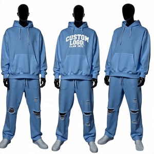 Personalizado de alta calidad de los hombres de invierno de dos piezas holgados pantalones de chándal y Sudadera con capucha conjunto de peso pesado de gran tamaño pulóver con capucha hombres chándales - Product Image 4