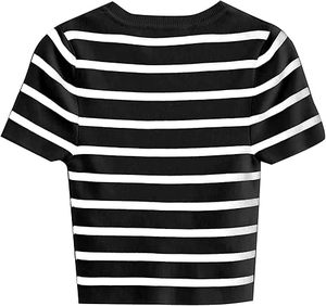 T-shirts et débardeurs d'été personnalisés pour femmes, à rayures, 100 % coton, à manches courtes, coupe courte, respirants, vente en gros, faible MOQ - Product Image 2