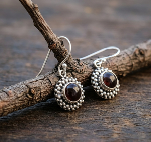 Elegant Round Garnet Gemstone <b>Silver</b> Drop Earrings Handcrafted Bali Style <b>Beaded</b> Design Natural DeepRed Garnet Studs Jewelry her - Product Image 1