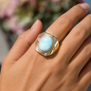 Bague large en argent sterling 925 pur avec larimar naturel, faite à la main, style bohème vintage, pour femme, cadeau d'anniversaire, bijoux - Product Image 4
