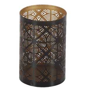 Cylindrical metal lanterns intricate cutout patterns geometric lattice organic <b>leaf</b> design candle holders rustic farmhouse - Product Image 5