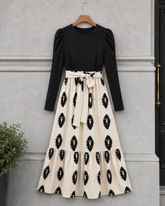 Vestido negro de manga larga para mujer con falda con estampado geométrico color crema, estilo étnico, ropa informal de primavera y verano - Product Image 5