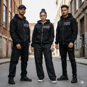 Nouveau style streetwear : Sweat à capuche épais effet délavé, broderie appliquée personnalisée, strass sur toute la surface, fermeture éclair, prix abordables - Product Image 1